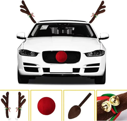 Car dressed as Rudolph with antlers and red nose on the grille