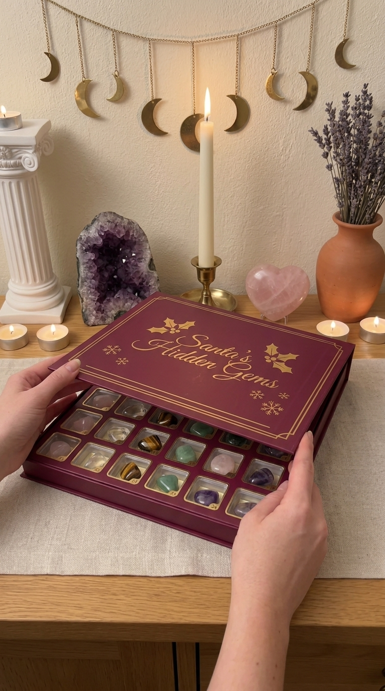 Santa's Hidden Gems calendar on a styled shelf